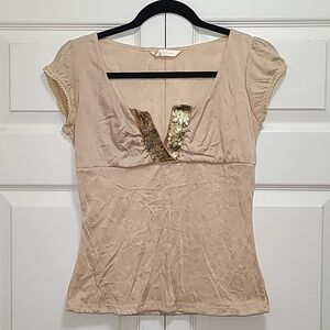 Y2K babydoll shirt small cap sleeve ‎ sequin v cut in scoop neck top